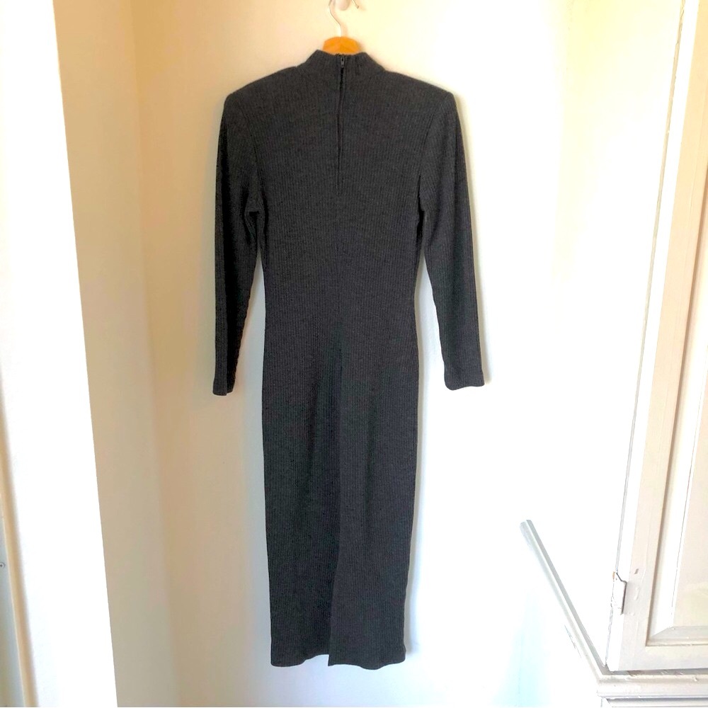 Vintage 80s, Gray, Ribbed Knit, Sweater Dress, Women’s S Long Sleeve, Mock Neck - Picture 4 of 14